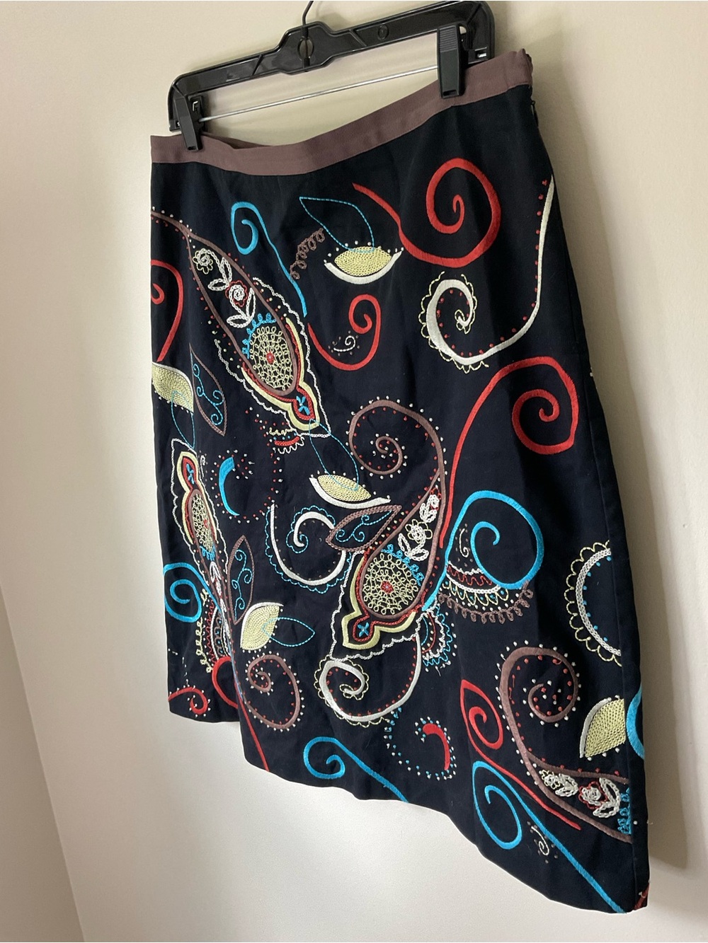 Embroidered Black Paisley Midi Skirt with Multicolor Accents